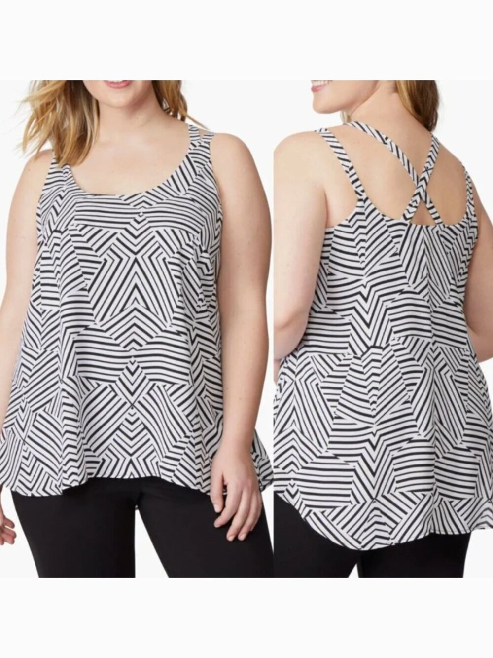 NEW NWT REBEL WILSON x ANGELS Plus Size Cross Strap Tank White Black Geo Striped